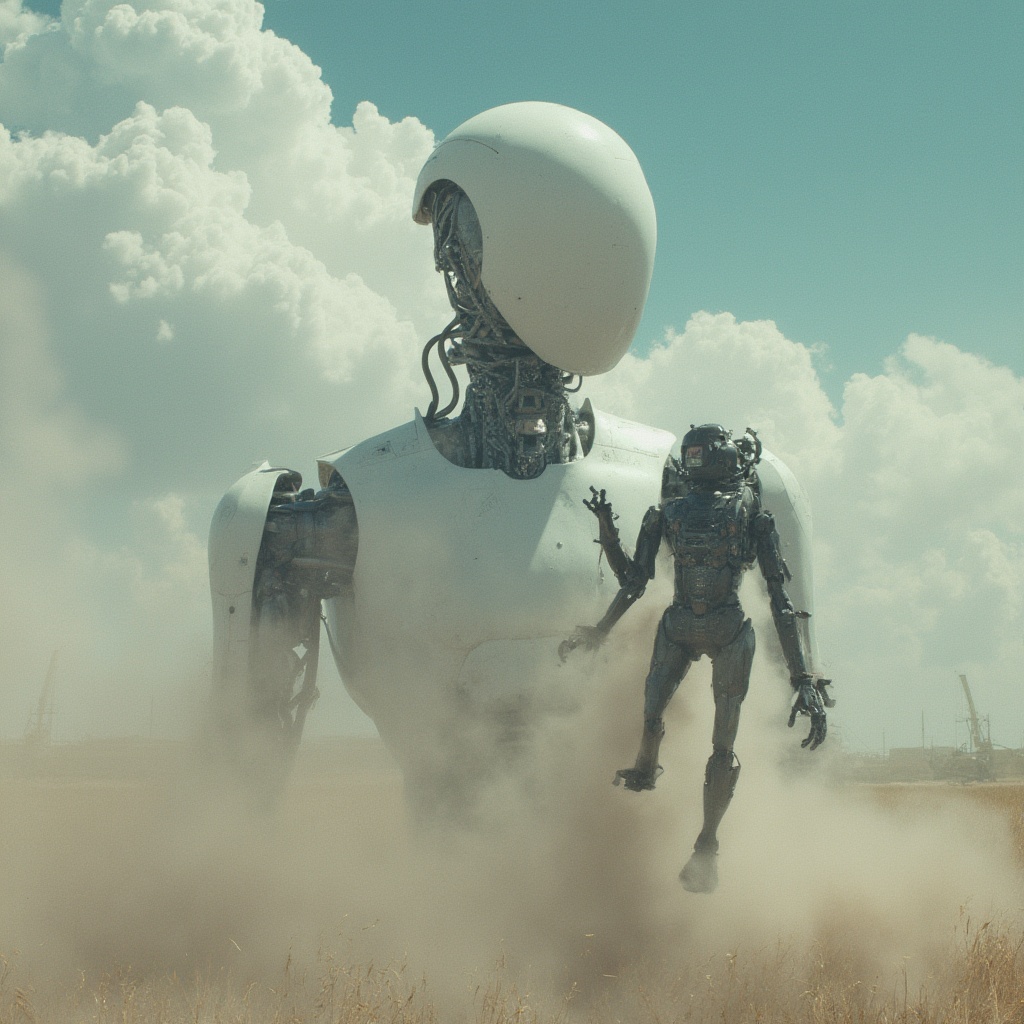 AI generated image by FLUX-Realism-Lora: un robot pateando a un humano lejos al aire
