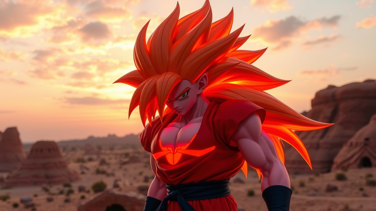 AI generated image by FLUX.1-schnell: crea un samurái transformado en super saiyajin 4 con cabello castaño(de dragón ball gt), mirando el atardecer en Venezuela, se que vea el samurái