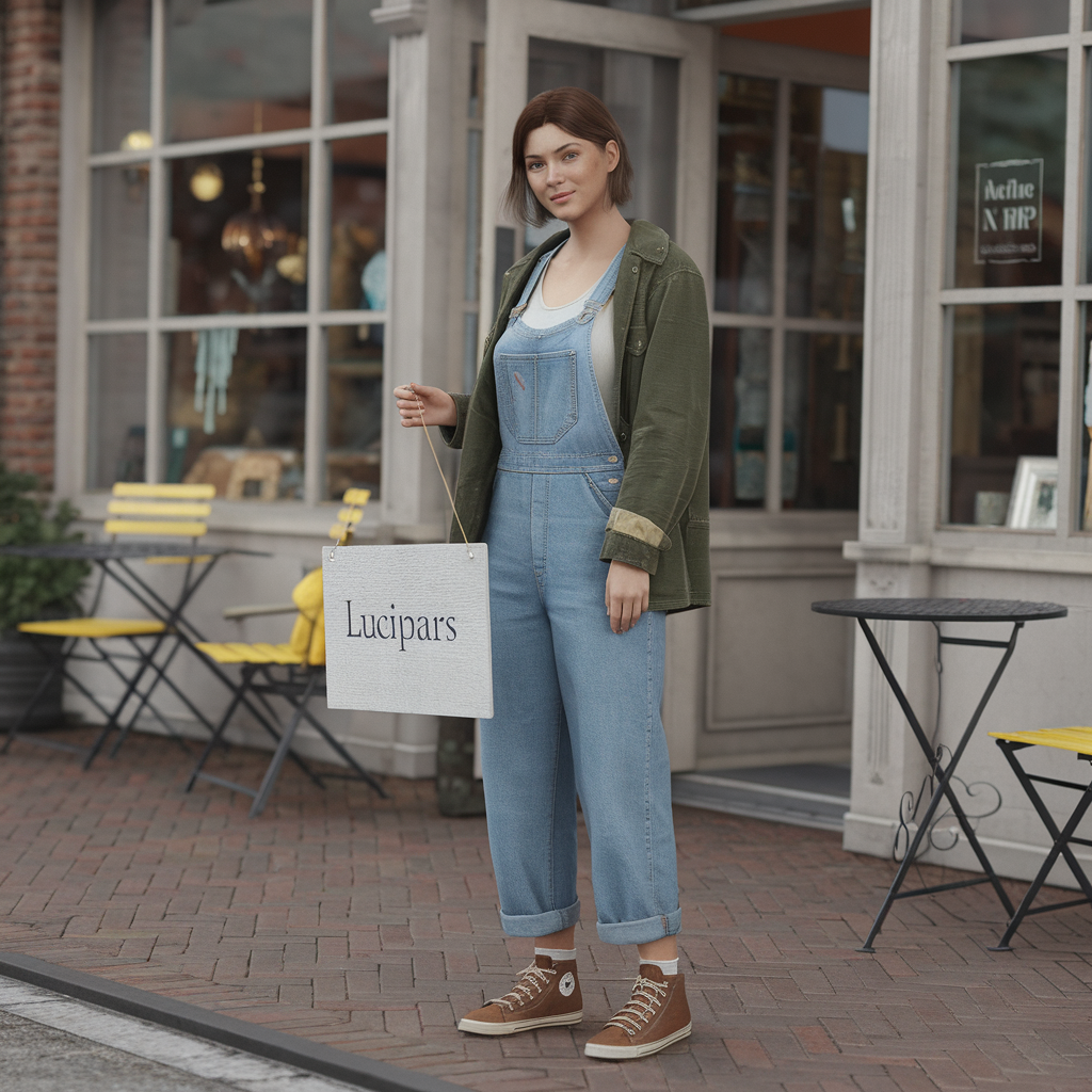 AI generated image by ideogram 2.0: Generate a photorealistic image of a young woman standing outside a quaint antique shop, holding a sign with the text 'LuciPars' written on it. She is wearing a green jacket over denim overalls with the legs rolled up, and brown high-top sneakers with white socks. The scene is set on a brick-paved street with yellow outdoor chairs and a table nearby. The woman has short brown hair and a calm expression. The atmosphere should feel casual and relaxed, capturing a peaceful moment in a small town.