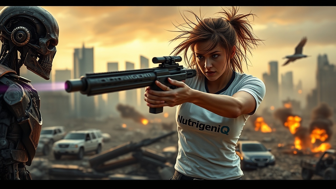 AI generated image by FLUX.1-schnell: A dirty young woman with dishevelled hair, wearing a tight-fitting white t-shirt clearly displaying the "NutrigeniQ" logo. She decisively shoots an ugly Terminator with a high-tech laser rifle. The scene is set in a post-apocalyptic cityscape, with crumbling skyscrapers and burning overturned vehicles in the background. The sky is filled with distant explosions., action scene, Terminator style