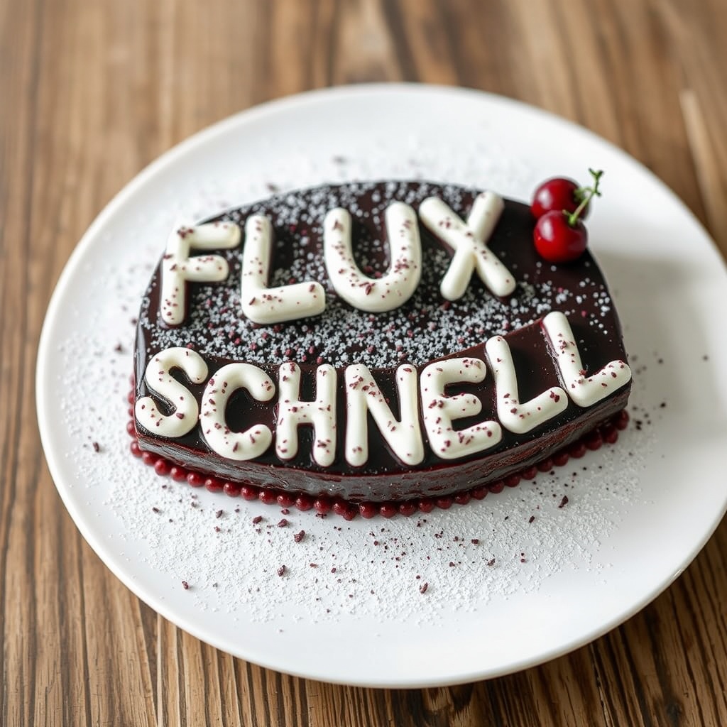 AI generated image by FLUX.1-schnell: black forest gateau cake spelling out the words "FLUX SCHNELL", tasty, food photography, dynamic shot