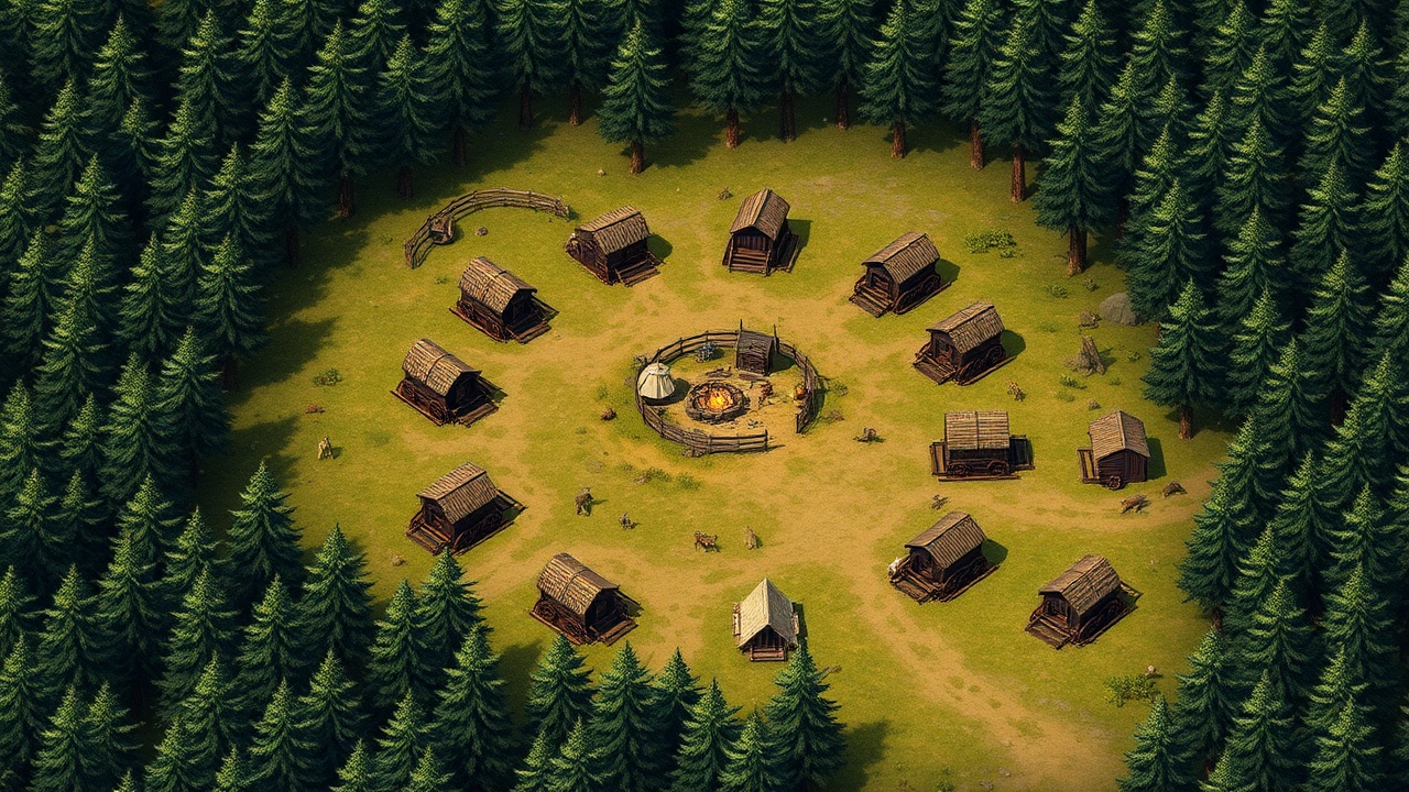 AI generated image by FLUX.1-schnell: Vibrant TTRPG BATTLEMAP that contains a circle of 9 wagons and makeshift horse pen in a forest clearing. There is  a central cooking fire and a number of tents. There should be a wagon trai adjacent to the camp. In the style of WOTC