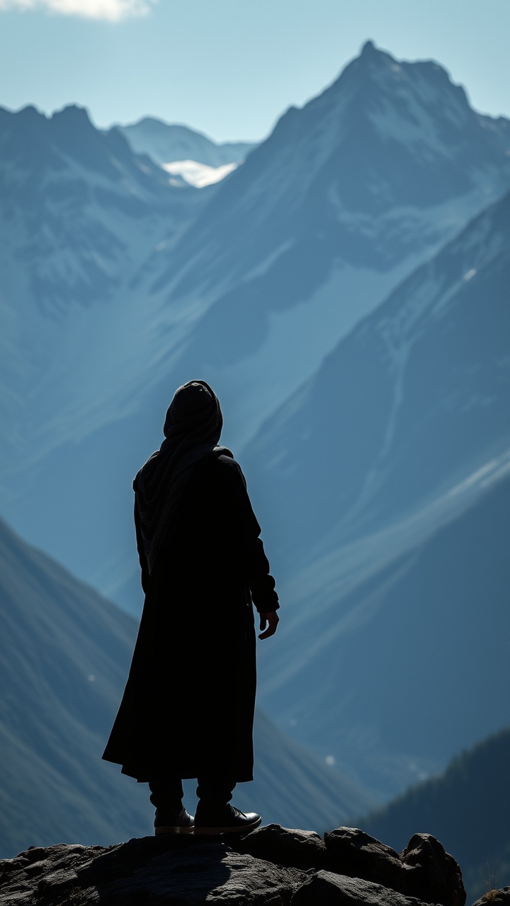 AI generated image by FLUX.1-schnell: muslim in montains in black like a black shadow