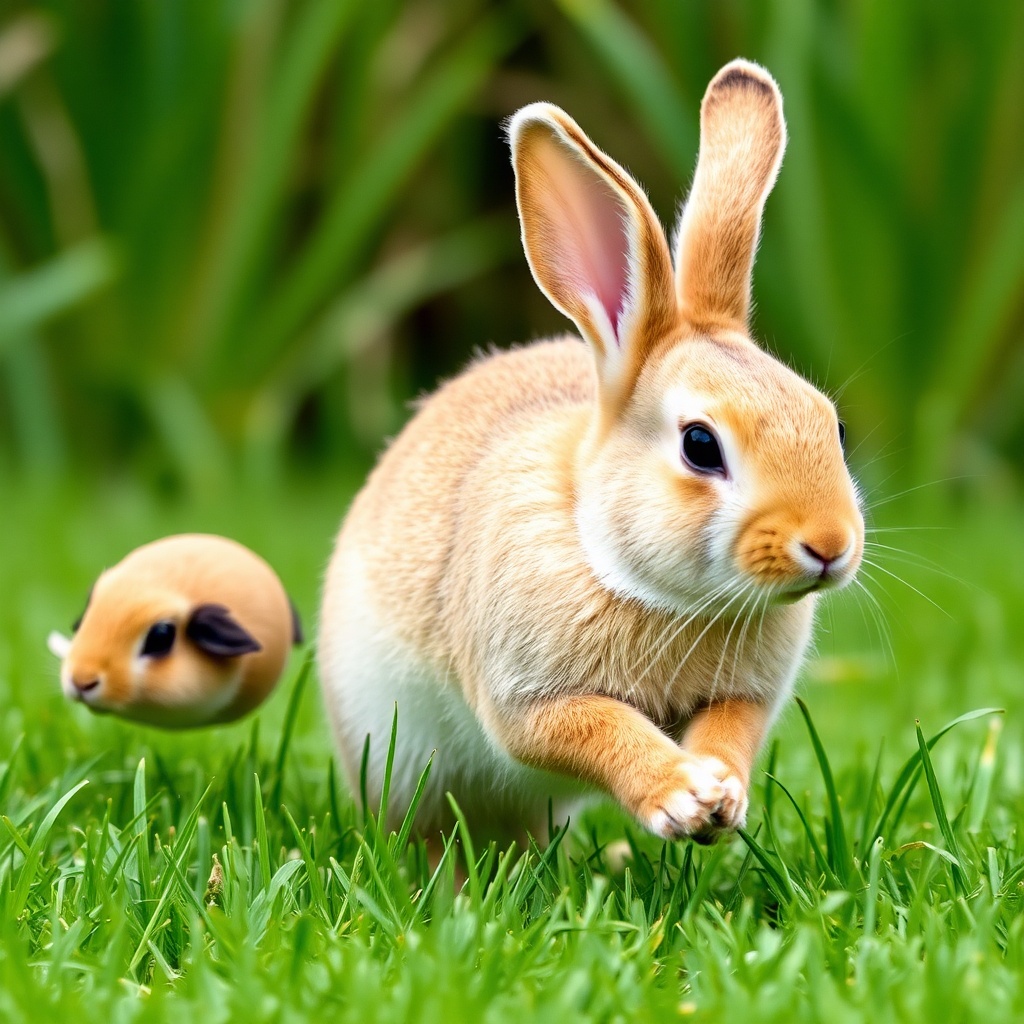 AI generated image by FLUX.1-schnell: Rabbit with a carottes run in grass 