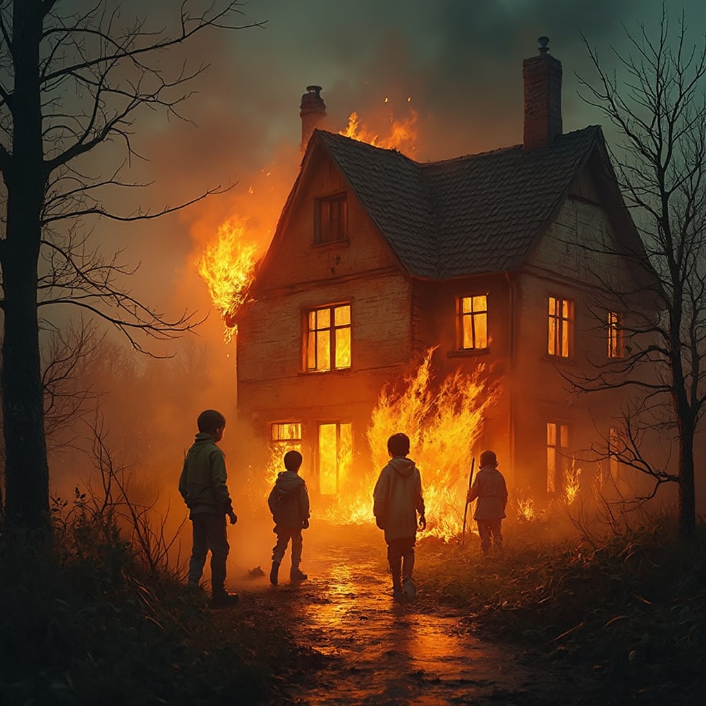 AI generated image by FLUX-Realism-Lora: Une maison en flammes et des enfants qui essaient d'éteindre le feu 