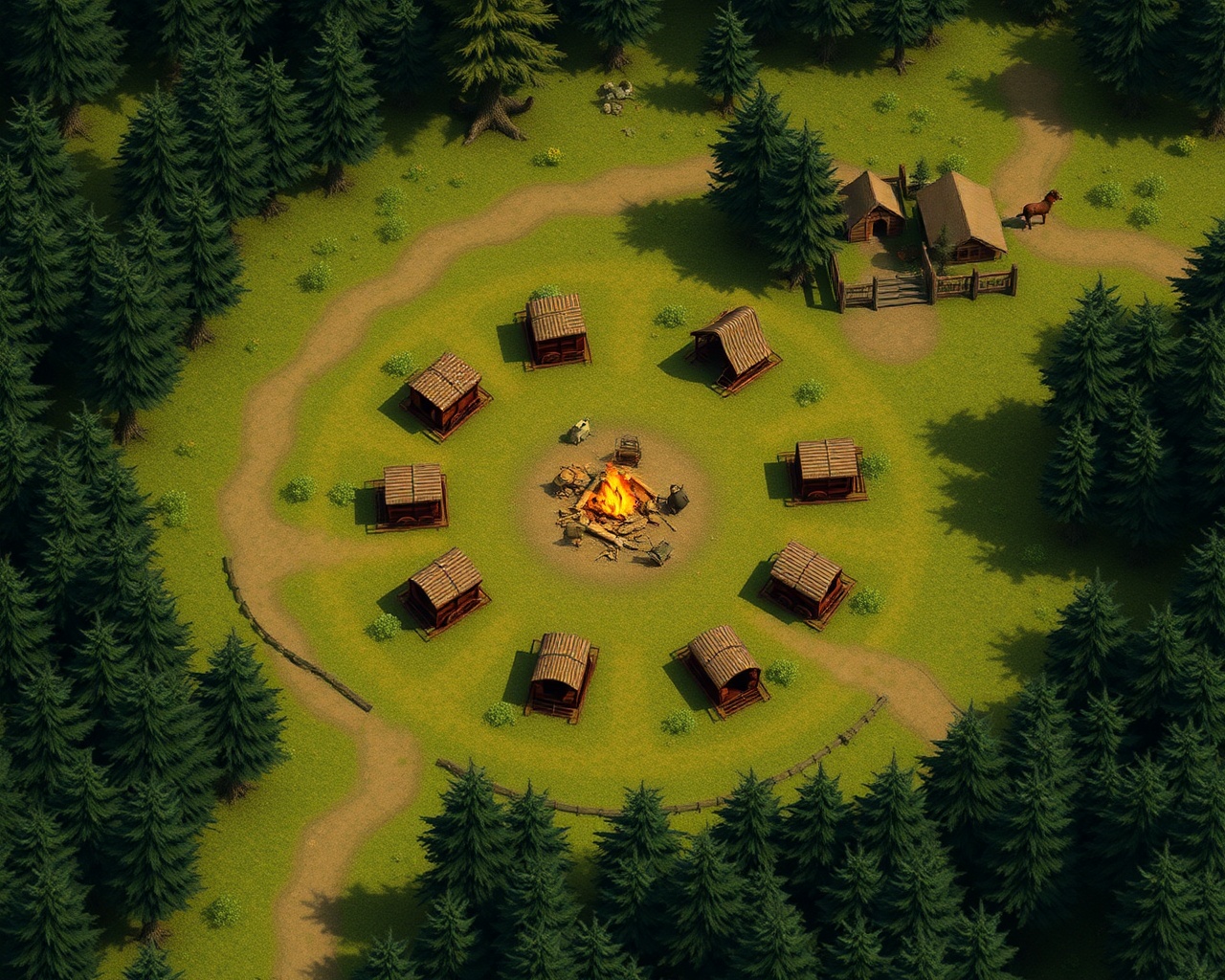 AI generated image by FLUX.1-schnell: Vibrant TTRPG BATTLEMAP that contains a circle of 9 wagons and makeshift horse pen in a forest clearing. There is  a central cooking fire and a number of tents. There should be a wagon trai adjacent to the camp. In the style of WOTC