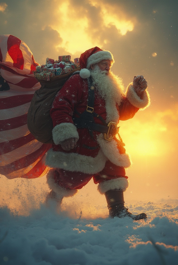 AI generated image by FLUX-Realism-Lora: A majestic, mythical Santa Claus figure, bearing a striking resemblance to Donald Trump, confidently strides through a stormy, snowy field, his posture strong and resolute. He dons a radiant santa hat and a thick, golden-highlighted beard. A golden light, piercing through the storm clouds with a silver lining effect, illuminates the scene, casting a warm, inviting glow on the American flag he carries. The flag, large and waving, elegantly drapes most of the background. A large bag full of beautifully wrapped Christmas presents hangs over his shoulder, emanating confidence, strength, hope, and light. With one raised, powerful fist pumping in the air, he walks purposefully towards the left edge of the picture while the flag billows behind him, blowing towards the right, covering three-quarters of the background making the flag the prominent theme. The golden light highlights the flag and the yellowish highlights in the Trump Santa figure's beard, creating a spirit of Christmas in an American flag winter setting
