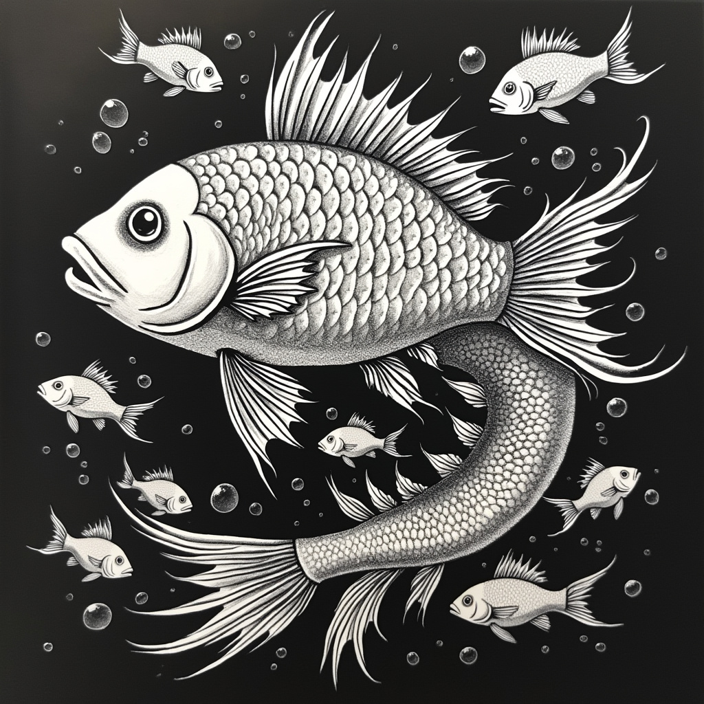 AI generated image by FLUX.1-pro: fish pattern, surreal, black ink drawing technic