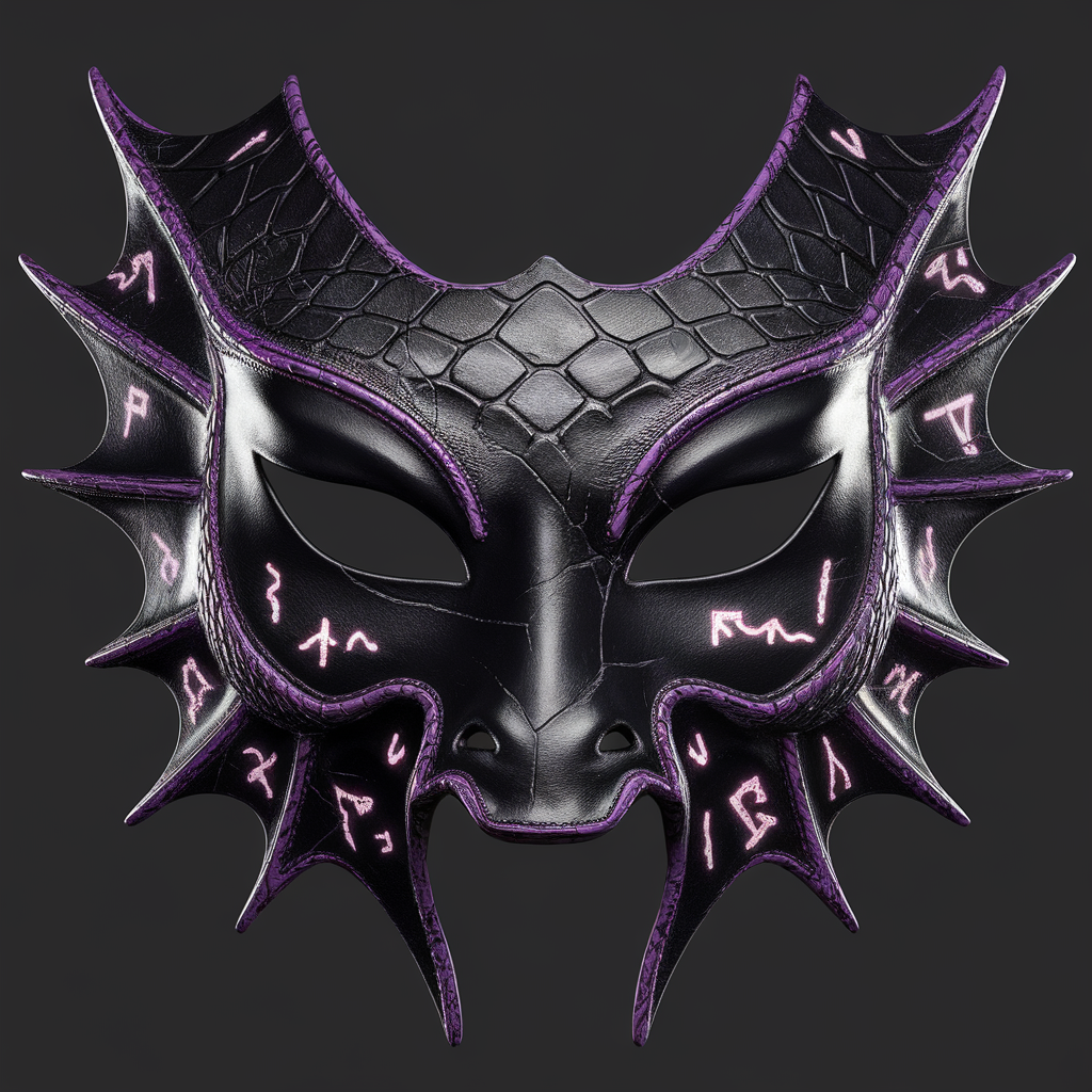 AI generated image by ideogram 2.0: Color: Black with dark purple highlights.

Design: A half-face mask that covers the upper part of your face, featuring intricate patterns like dragon scales, geometric shapes, or faint glowing runes. The mask has a slightly cracked or weathered look to give it an eerie, ancient feel.

Material: Matte black leather with metallic purple accents.