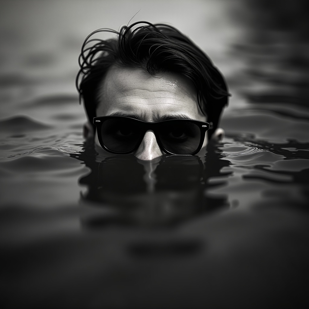 AI generated image by FLUX.1-image-to-image: A black and white photo of a man's head just above dark water, sunglasses partially submerged. The camera is low, parallel to the water