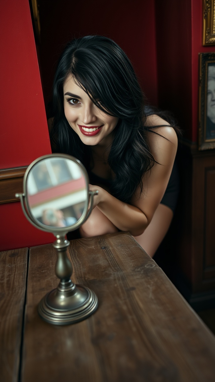AI generated image by FLUX.1-schnell: A photograph of an attractive European female with black hair, a full-body portrait, and vintage lighting. Her face is turned towards and above the viewer, crouching against a wall and winking while smiling at the camera. She is looking into a small hand mirror, leans over the edge of an old wooden table in front of her, looking into a mirror on it. The room has red walls and brown wallpaper, natural light photography., with a small picture frame hanging from one wall. Soft lighting casts gentle shadows across her face