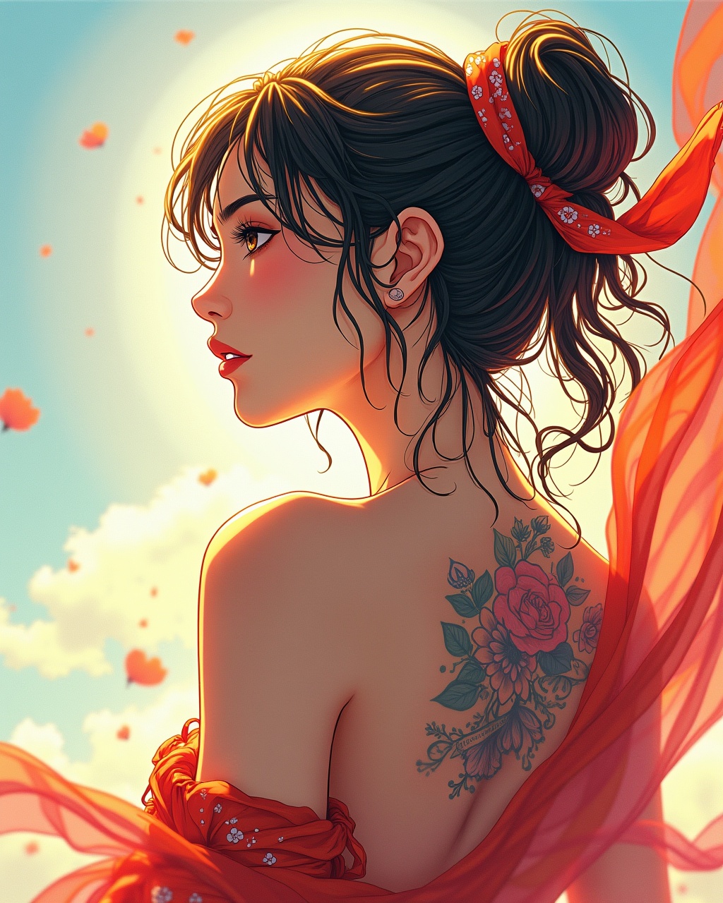 AI generated image by FLUX.1:  abstract japanese female embodying beauty captured in a highly detailed colored drawing anime style reminiscent of minjae lee, exstacy, delight, hope, light, sunbathing,  tatoo, bandana sophisticated, hyperrealistic portrait, uplifting, dynamic sunlight, feeling of freedom, highly detailed, open back view