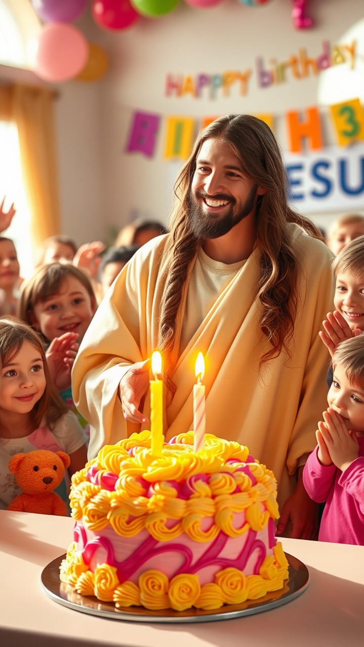 AI generated image by FLUX.1-schnell: Jesus stands joyfully in front of a vibrant, small birthday cake, beautifully decorated with intricate yellow and pink frosting, featuring elegant details and a polished finish. The cake glows under the warm lighting, with a bright candle displaying the number "33" at its center, its flame flickering like a beacon of celebration. Jesus, with his long, wavy brown hair and a well-kept beard, dressed in a cream-colored robe that flows softly around him, beams with happiness, nodding his head with gratitude. Around him, a group of delighted children bursts into applause, their faces lit with excitement. Many clutch teddy bears close to their chests, some playfully waving them as part of the celebration. The children are dressed in vibrant and playful outfits, contributing to the cheerful and innocent ambiance. The background features colorful decorations, including balloons and a banner that reads “Happy Birthday, Jesus,” amplifying the festive spirit. The lighting highlights Jesus and the cake as central elements, while soft natural light from a nearby window enhances the warm, welcoming atmosphere.