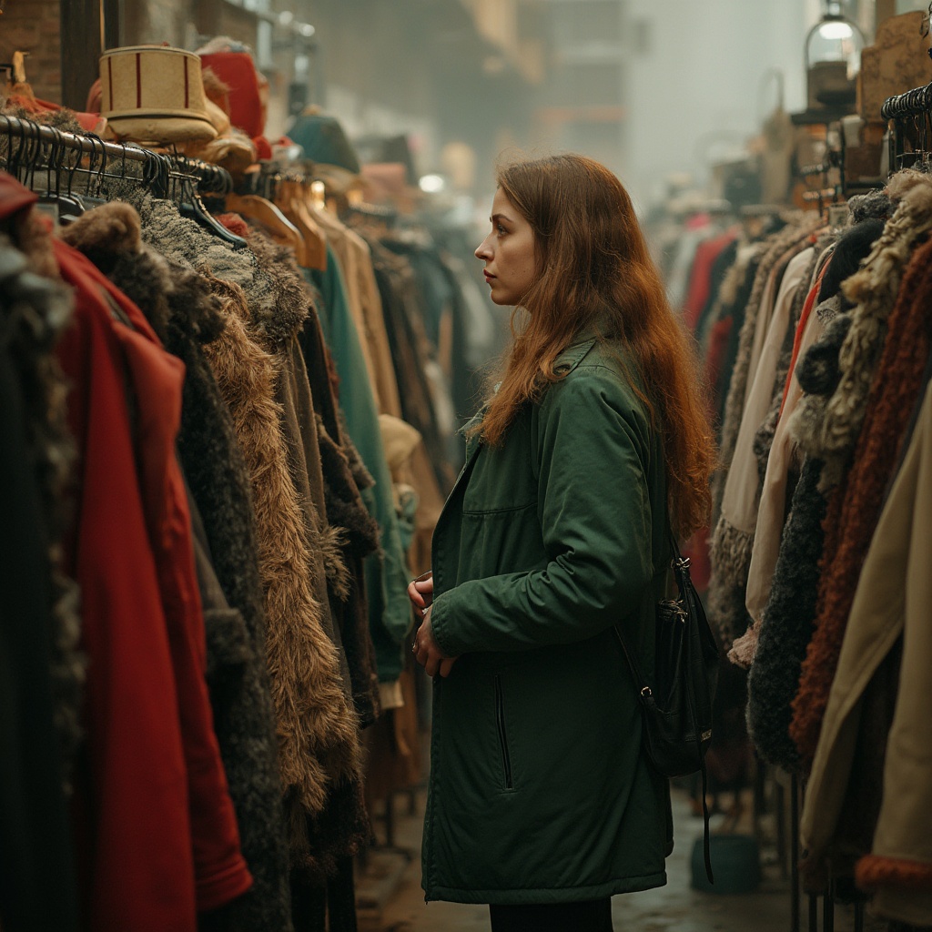 AI generated image by FLUX-Realism-Lora: Junge 25-jährige Frau mit braunen langen Haaren in einer grünen Jacke stöbert tagsüber einem vollen Second-Hand-Shop in verschiedenen Kleiderständern nach gebrauchten Kleidungsstücken. Der Laden ist gefüllt mit auf Kleiderständern hängenden Kleidungsstücken. Sie steht seitlich im Gang zwischen den Kleiderständern vor und hinter ihr. Die Atmosphäre ist warm und gemütlich. Im Hintergrund steht ein Vintage-Reisekoffer und eine Vintage-Reisetasche. Der Hintergrund ist etwas unscharf.