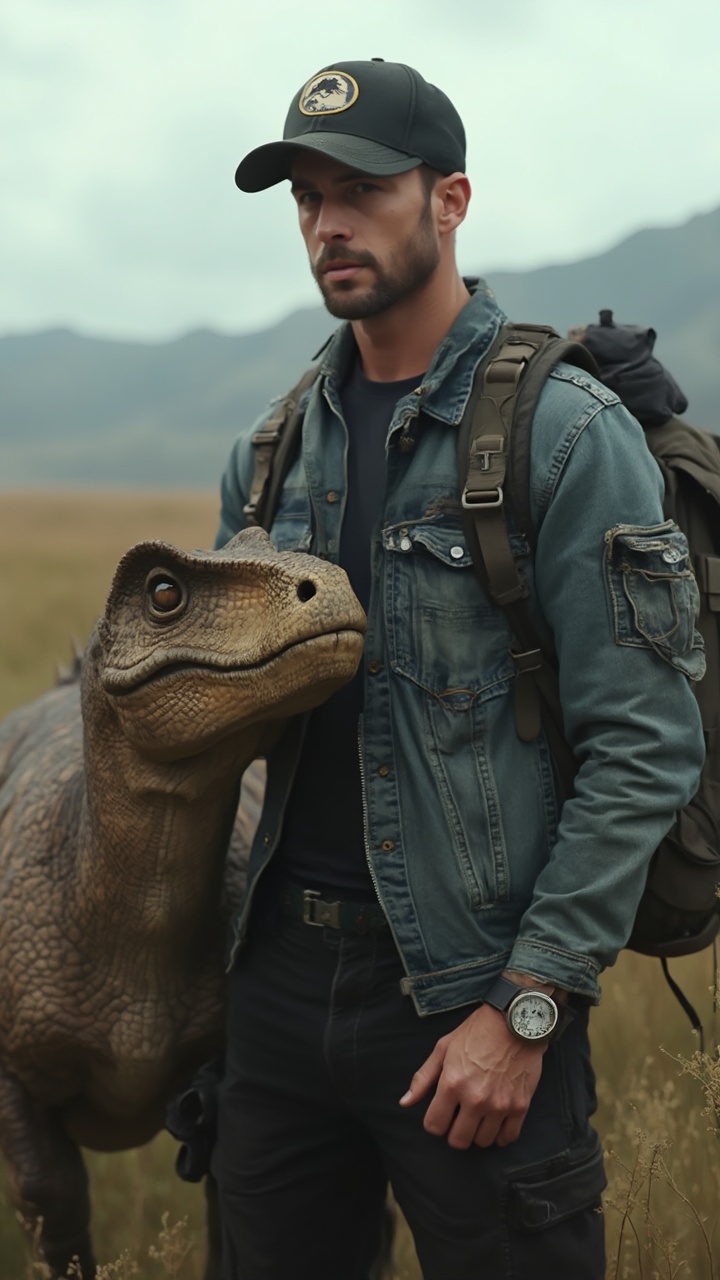 AI generated image by FLUX-Realism-Lora: Julio Rolando Echeverria Edit the uploaded photo (face based on the reference photo). Ensure the face remains consistent with the person in the uploaded image, without changing facial structure, skin tone   . A cinematic, mid-length portrait, capturing a male figure with a strong neatly presence,  wearing a black cap with Jurassic Park logo, standing next to a dinosaur. The subject faces the camera, with a direct and confident gaze. One hand gently holds the dinosaur 's halter or head, conveying a calm and powerful connection with the animal.
 He wears a dusty denim jacket over a dark shirt, black pants, combat boots, and a heavy tactical backpack strapped tightly to his shoulders. 
The background is an open field, such as a prairie or a valley, with a cloudy sky and the landscape in the background gently blurred, creating a sense of vastness. The lighting is natural and diffuse, typical of an overcast day, resulting in soft shadows and light that flatters the face and body. theres a lot of baby dinosaurs sourounding them. Using a Canon EOS R camera with a 50mm f/1.8 lens, f/2.2 aperture, shutter speed 1/200s, ISO 100 and natural light, Full Body, Hyper Realistic Photography, Cinematic, Cinema, Hyper detail, Ultra hd, Color Correction, ultra hd, hdr, color grading, 8k. 9:16