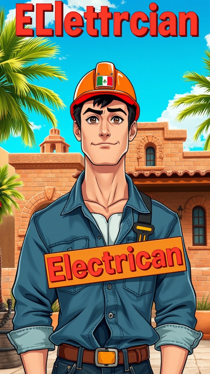 AI generated image by FLUX.1-schnell: Create an anime-style electrician, a handsome, stocky man with fair skin and prominent facial features, with a strong jaw and piercing brown eyes, wearing a bright orange hard hat adorned with a small Mexican flag pin, a worn denim shirt with rolled-up sleeves, and faded jeans, standing in front of a vibrant, moderately modern brick and cement slab house with a one- and two-story facade, adorned with colorful tiles and intricate stone carvings typical of Mexican architecture, against a backdrop of warm, sun-bleached adobe buildings and clusters of lush green palm trees under a cloudless turquoise sky, with electrical wires and tools scattered around him, and an aesthetically pleasing sign with vinyl letters, that reads "Electrician" in bold red letters.