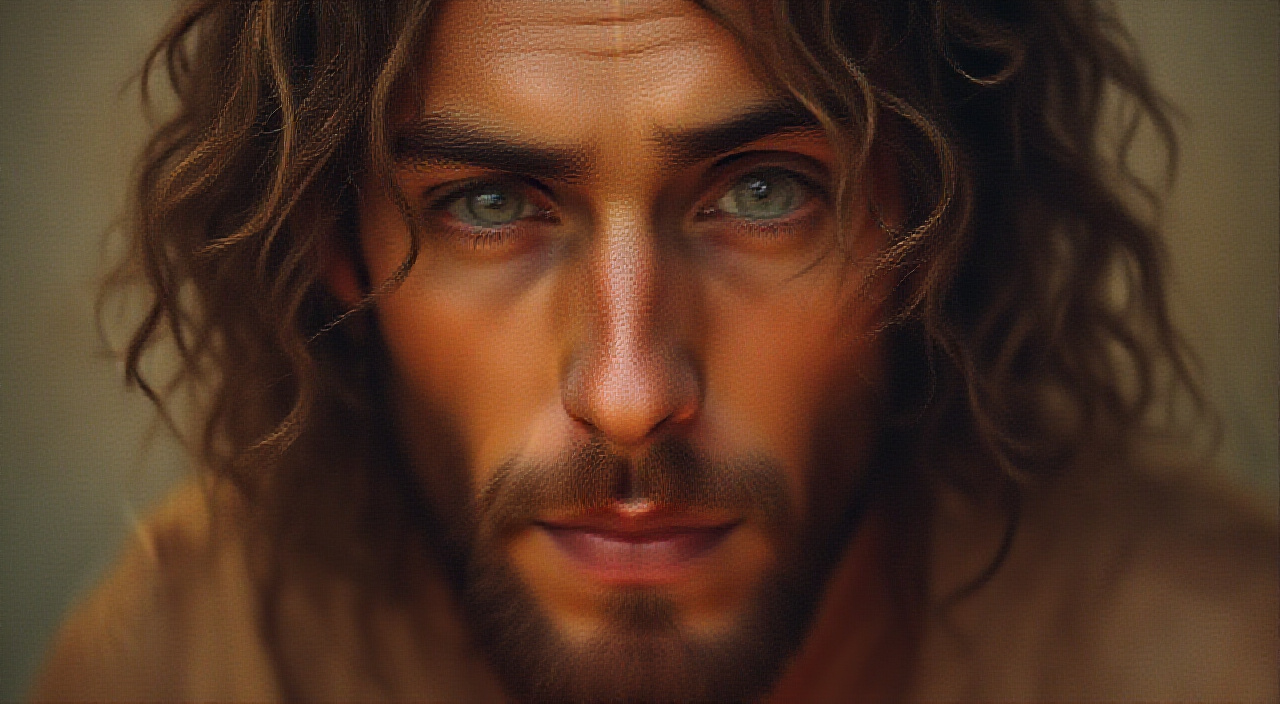 AI generated image by FLUX.1-pro: Hyperrealistic portrait, Jesus, compassionate gaze, directly at the viewer, slightly raised eyebrow, gentle smile, warm light, cinematic