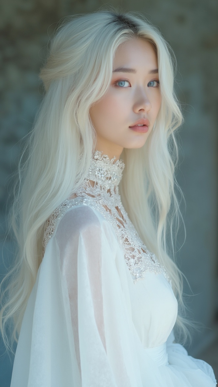 AI generated image by FLUX-Realism-Lora: Close set biggest bosoms beautiful Korean woman,white long hair and blue eyed,skin sparking like a fallen snow,white dress
