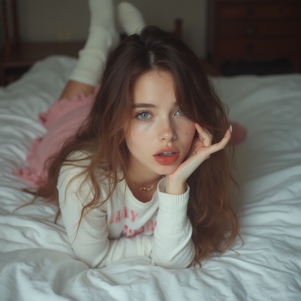 AI generated image by FLUX-Realism-Lora: photography of a 22 year old cute  woman with long brown hair and blue eyes , bites her lips sexy , laying on a soft bed ,  wearing cute white shirt with the text babygirl and cute  pink skirt and white overknee socks ,   grainy , shot on phone , polaroid phto  natural, natural imperfection, skin pores, skin incendations, high detailed skin, detailed natural eyes, textured skin, lens 2.1, natural lightning, c cup, artistic, spiritual, sharp focus, perfect light, highly saturated colors, ambient dramatic cinematic color, great composition 