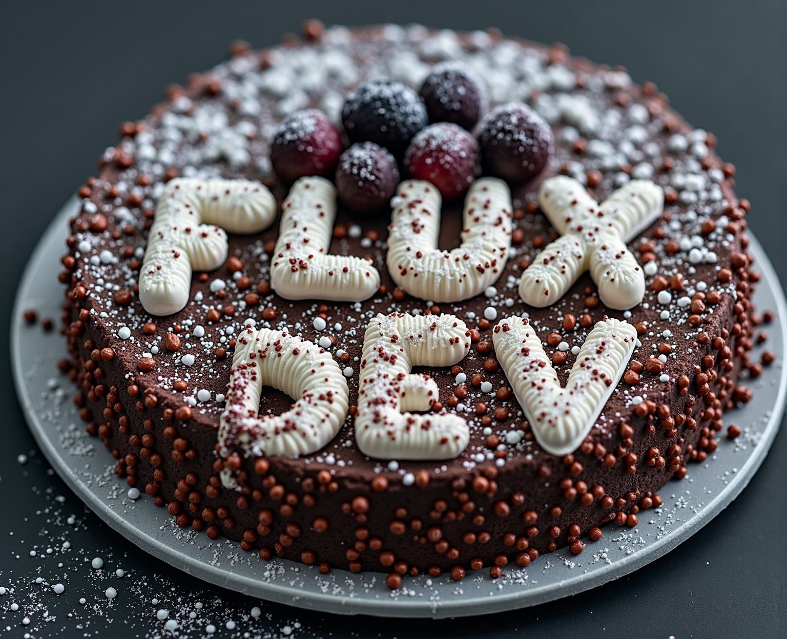 AI generated image by FLUX.1-image-to-image: black forest gateau cake spelling out the words "FLUX DEV", tasty, food photography, dynamic shot