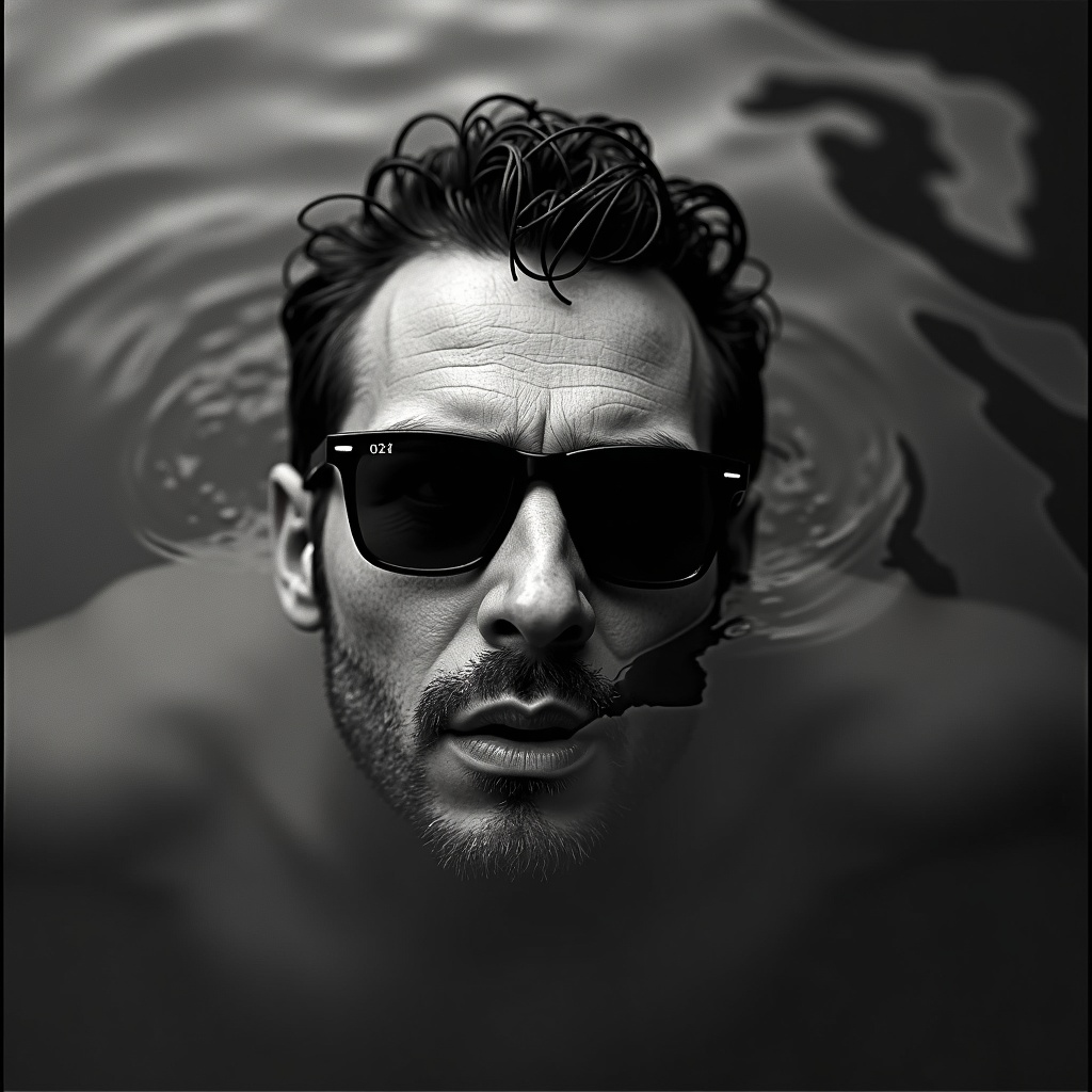 AI generated image by FLUX.1-image-to-image: A black and white photo of a lying man's head just above dark water, sunglasses partially submerged. The camera is low, parallel to the water