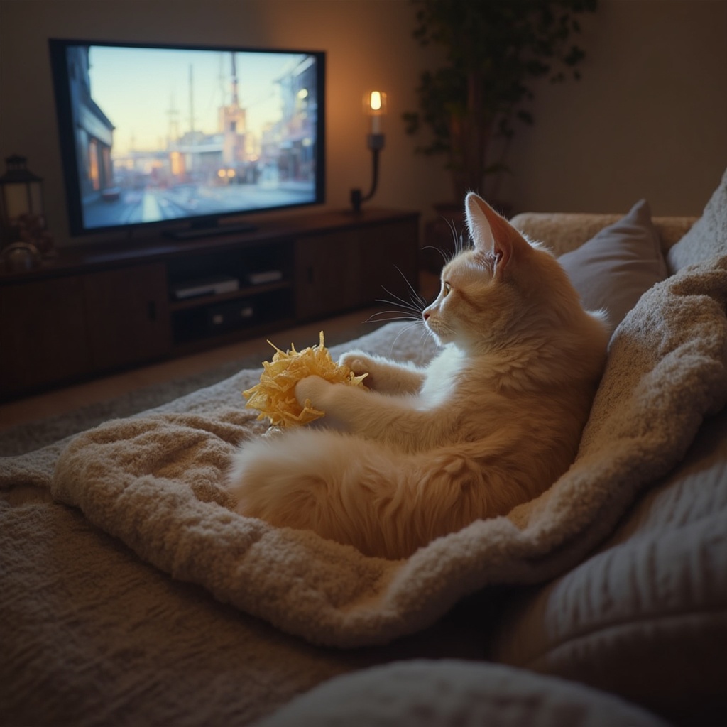 AI generated image by FLUX-Realism-Lora: Un chat qui mange un paquet de chips sur son canapé en regardant la télévision