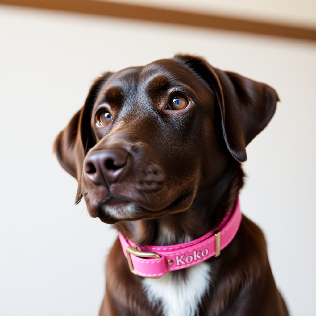 AI generated image by FLUX.1-schnell: A chocolate lab flying over ‎coat tower, while looking with soulful eyes. The pink collar should have KoKo prominenly written & visible on the collar.