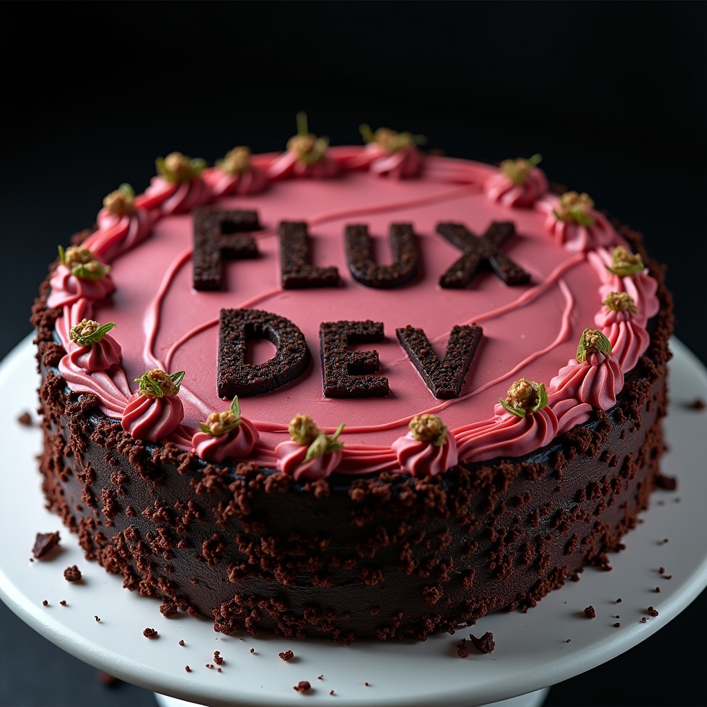 AI generated image by FLUX.1: black forest gateau cake spelling out the words "FLUX DEV", tasty, food photography, dynamic shot