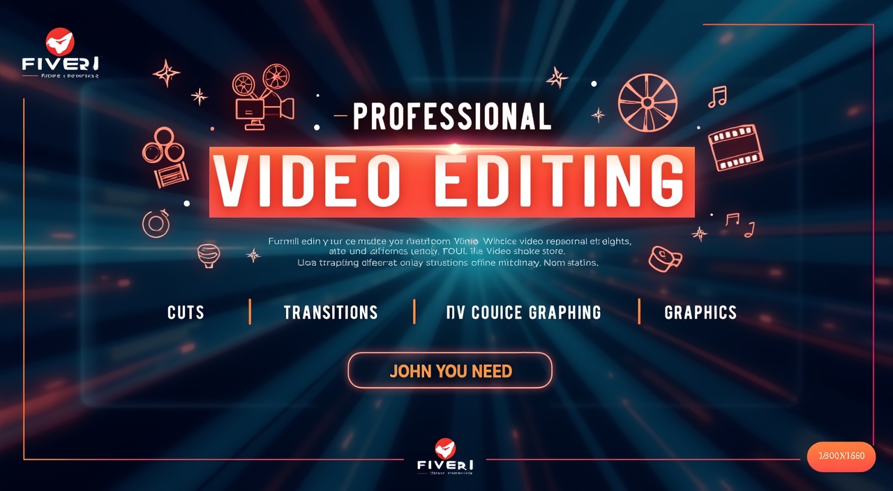AI generated image by FLUX.1-pro: Create a professional and eye-catching thumbnail for a video editing service gig on Fiverr. The design should be 1920x1080 with a modern, digital feel. Use a clean, bold title that says 'Professional Video Editing' at the top, in a bright, attention-grabbing font. The background should be sleek and tech-inspired, with colors like dark blue, black, or gradient tones. Add icons around the title to represent video editing services, such as a video camera, film reel, music note, and color palette. Below the main title, add small subtext like 'Cuts, Transitions, Color Grading, Motion Graphics.'

The design should feel dynamic and professional, with a touch of creativity and digital elements like subtle glowing lines or circuit-like patterns to emphasize the technology. Make it clear, inviting, and clean. Place a small logo or watermark in the bottom corner to reinforce branding.