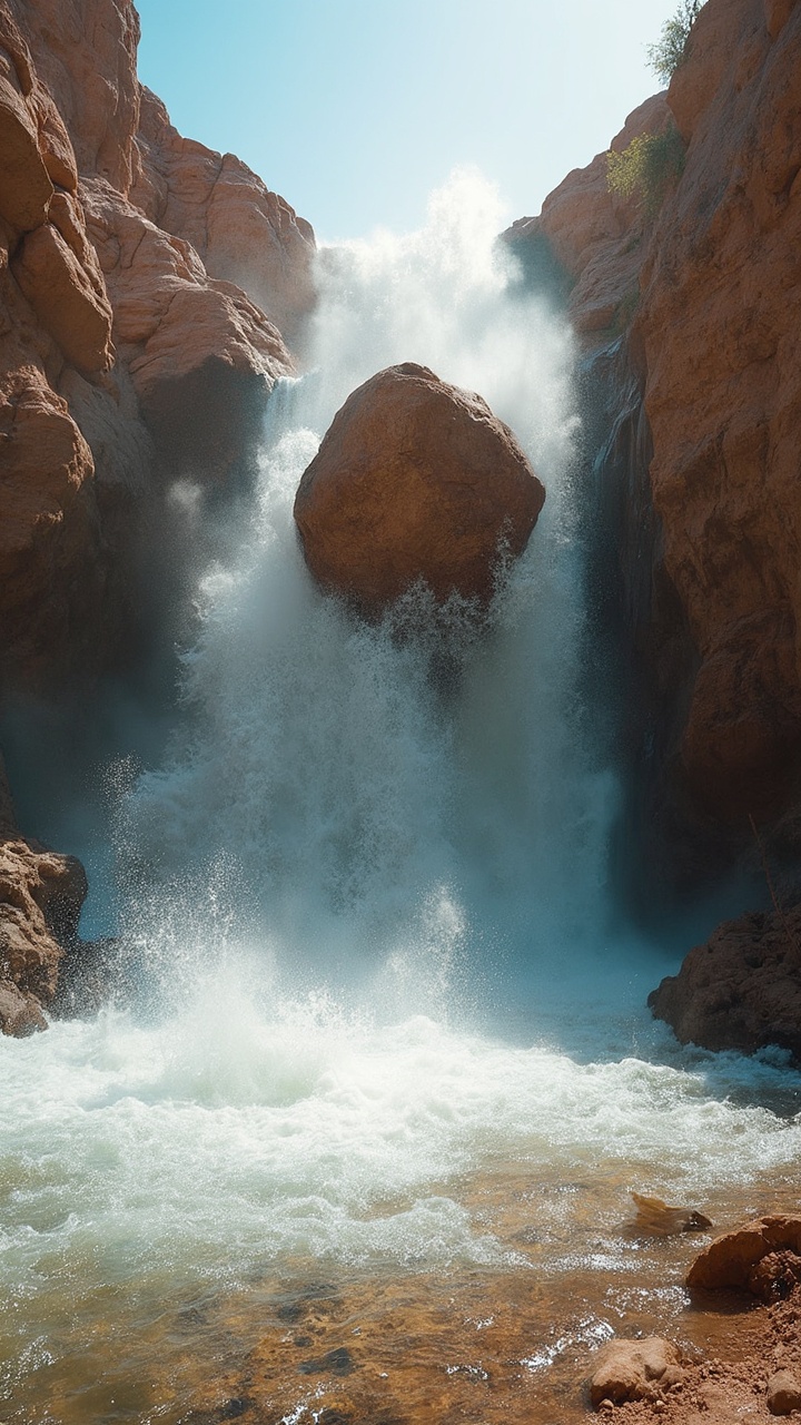 AI generated image by FLUX-Realism-Lora: A dramatic wide-angle shot of a waterfall with a massive boulder breaking loose and falling. Crystal clear water cascading down rocky cliffs, with a huge rock chunk mid-fall, creating splash effects. Surrounding arid landscape with dry, rocky terrain. Natural sunlight illuminating the water spray and falling debris. Dust and water mist mixing in air. Brown desert rocks contrast with white rushing water. Dramatic composition capturing the intense moment of rock collapse.

