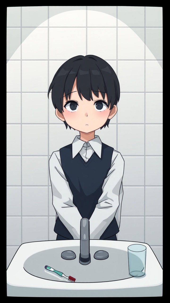 AI generated image by FLUX.1-schnell: Omocat's omori game artstyle, The image depicts a young person standing behind a bathroom sink facing them, their expression somber. Their dark hair is neatly styled, and they are dressed in a white shirt with a dark vest. The tiled walls behind them are plain and featureless, creating a sense of isolation. The only other elements in the scene are a toothbrush and a glass on the counter, suggesting a routine that the individual may find difficult to engage in. The overall mood of the image is melancholic, hinting at a sense of loneliness or sadness. The subdued colors and minimalist composition further contribute to the somber atmosphere.  The image leaves room for interpretation, inviting viewers to consider the inner thoughts and feelings of the subject.