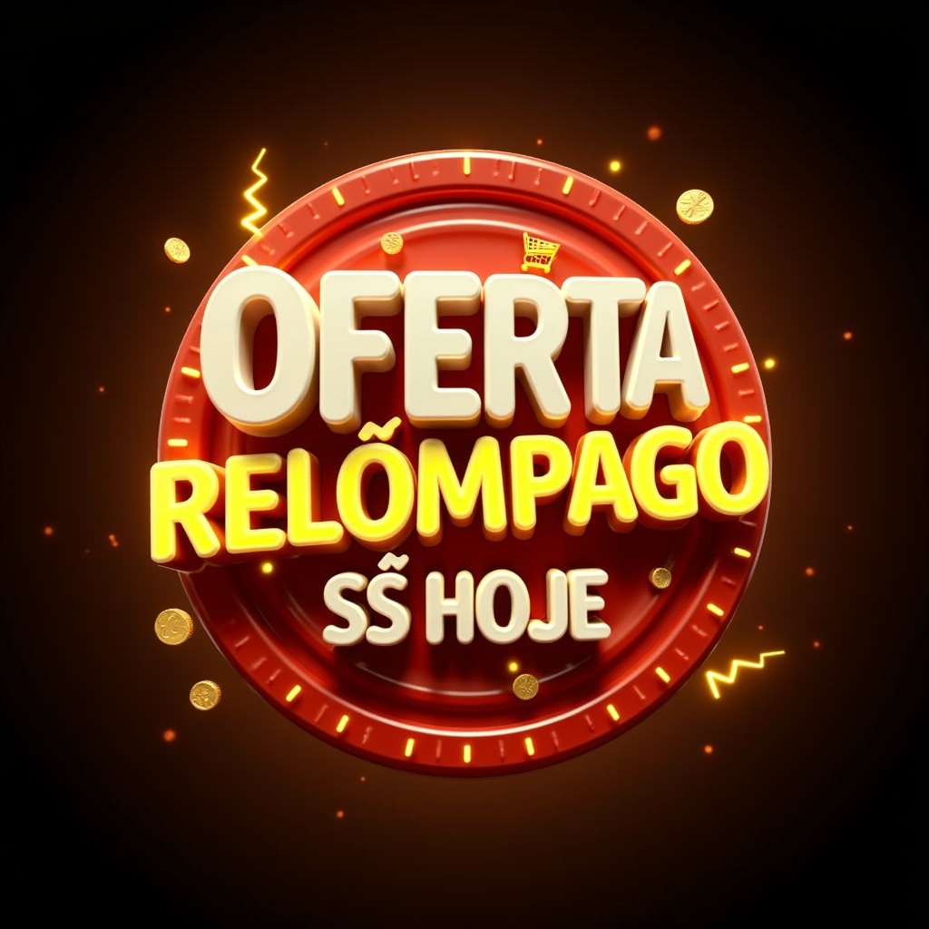 AI generated image by FLUX.1: ultra realistic 3D supermarket promotional badge, extreme depth, heavy extrusion, thick bevel edges, layered 3D text, cinematic render, octane render style, cinema 4d

main text: "OFERTA RELÂMPAGO"
secondary text: "SÓ HOJE"

typography: bold, massive, strong depth, white and yellow text, thick 3D letters, high readability

materials: glossy plastic, metallic gold reflections, polished surfaces, high specular lighting

lighting: dramatic lighting, strong rim light, glow effects, reflections, high contrast shadows

effects: energy burst, lightning bolts, percentage symbols %, shopping cart icon, coins, dynamic motion streaks

colors: orange glow, golden highlights, red accents, deep black background

composition: central badge, circular shape, elements floating around, strong perspective, close-up view

camera: macro, wide angle, dramatic perspective

quality: ultra detailed, 8k, sharp, no flat design, deep shadows, strong 3D

perfect readable text, correct accents, no distortion