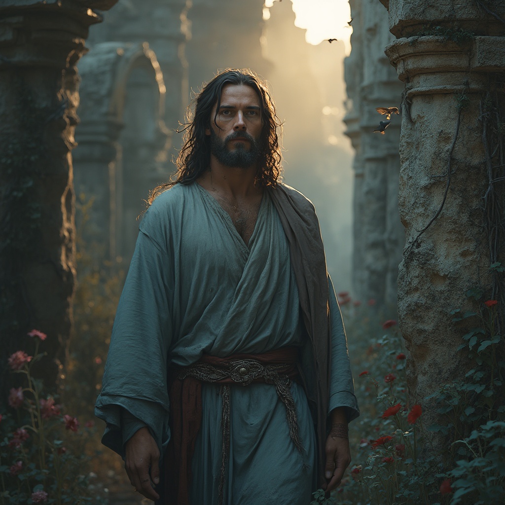 AI generated image by FLUX-Realism-Lora: "Medium close-up hyper-realistic portrait of Jesus of Nazareth (from mid-torso up), walking through ancient stone ruins cloaked in twilight. Focus on his calm, introspective expression and eyes holding timeless wisdom, with a beam of golden light illuminating his face from above. Show weathered pillars draped in ivy and wildflowers framing his shoulders, and a muted blue-gray robe with intricate woven textures. Include subtle divinity: a faint halo-like glow around his head and doves perched on nearby crumbling arches. Highlight human details: dust on his robe, faint stubble, and a scarred hand gently touching a vine-covered stone. Keep the ruins slightly blurred in the background to avoid clutter, emphasizing emotional depth."