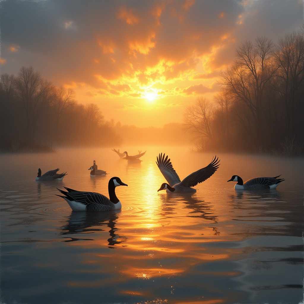 AI generated image by FLUX.1: magic moment in a digital painting when the sun breaks through the overcast sky and showers nature with a mystical glow. The water surface is momentarily turned to fire, and casts its warm rays over the feeding geese.  terry redlin style