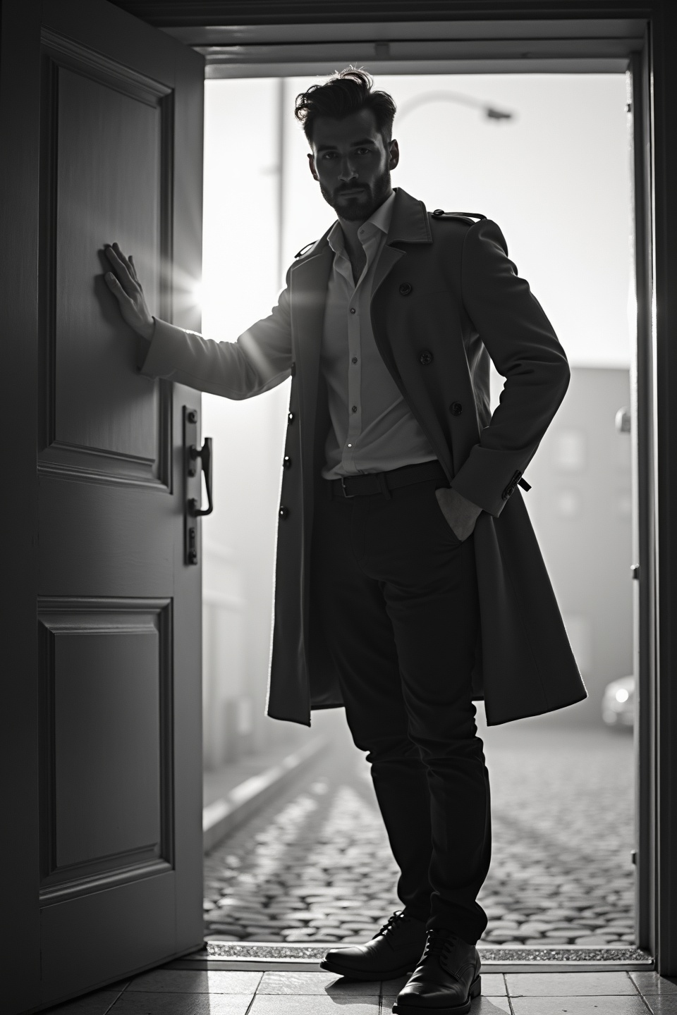 AI generated image by FLUX.1-image-to-image: black-and-white photo with the backlit dark silhouette of a handsome broad-shouldered man in a trench coat standing in a doorway coming and looking to camera. 
The man touching the door, as if he just entered the room. God rays. Backlight. Overexposed street background 