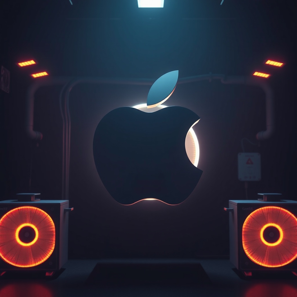 AI generated image by FLUX.1-schnell: apple logo and HVAC devices behind it in a dark cinematic mode, glow coming from center behind the logo! 