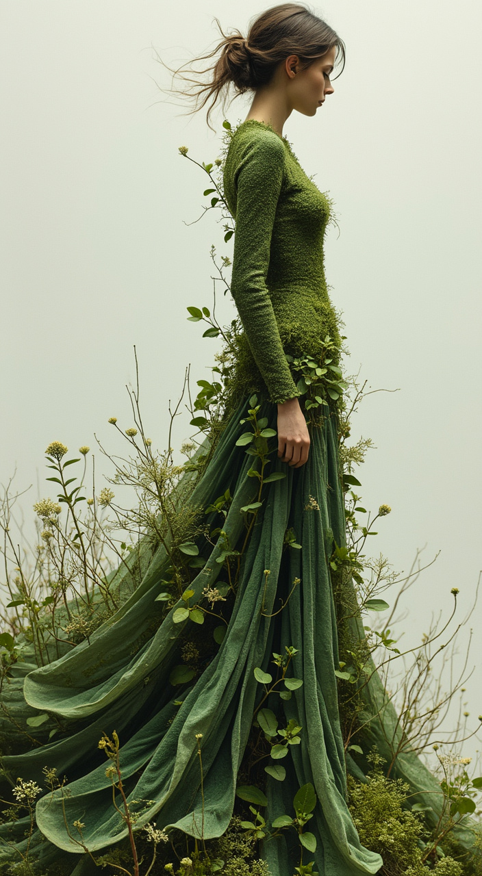 AI generated image by FLUX.1-pro: illustration, painting detail, openness,unusual poses, angles. double exposure. in anatomical art style. a girl against a background in a long 3D dress made of olive  moss and  white mint lichen. Volume layers. dress with a long flowing train, three-dimensionality, random pictures, divine botanical geometry