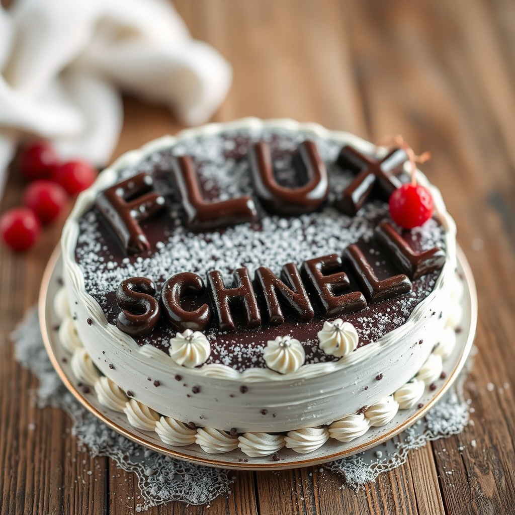 AI generated image by FLUX.1-schnell: black forest gateau cake spelling out the words "FLUX SCHNELL", tasty, food photography, dynamic shot