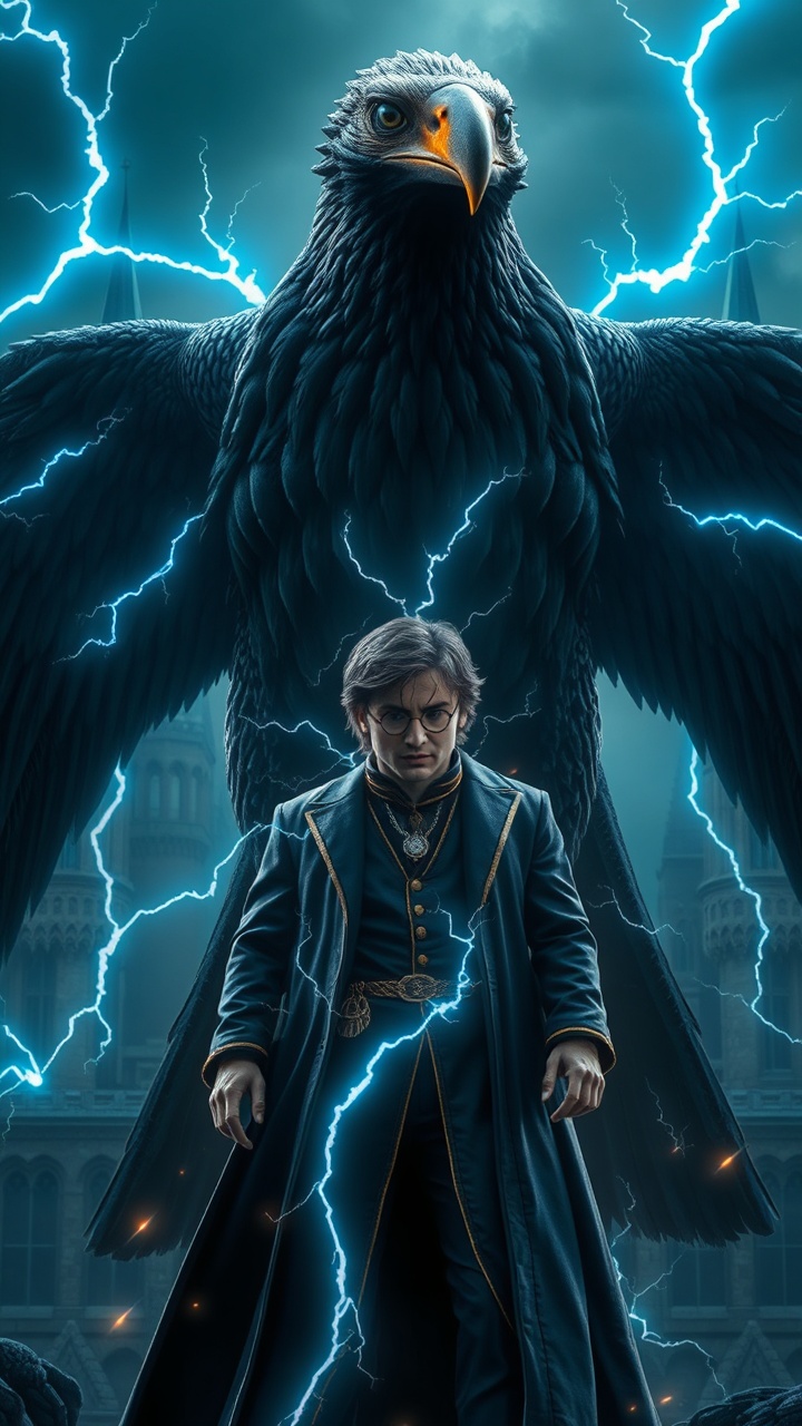 AI generated image by FLUX.1-schnell: A cinematic, hyper-realistic artwork of Harry Potter in a dark fantasy mafia style. He stands in front, wearing a luxurious dark blue and gold suit with a long flowing coat, glowing magical accessories, and sparks of lightning around him. Behind him rises a giant hybrid thunderbird with a muscular humanoid body fused with powerful bird features — broad chest, defined muscles, massive wings crackling with blue lightning, and sharp glowing eyes. The creature’s feathers shimmer in shades of black and electric blue, veins of magic running across its body. Epic atmosphere, gothic castle towers in the background, dramatic lighting, ultra-detailed, 8K, fantasy illustration.