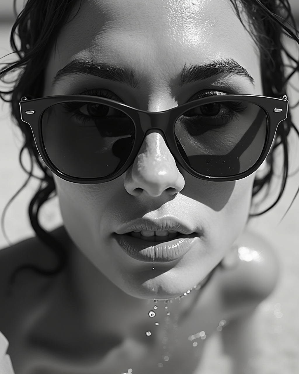 AI generated image by FLUX-Realism-Lora: black and white close-up photo of a very wet eyes of a beautiful woman in sunglasses coming out of the water towards the camera. water dripping off her glasses and face. Water level at her nose