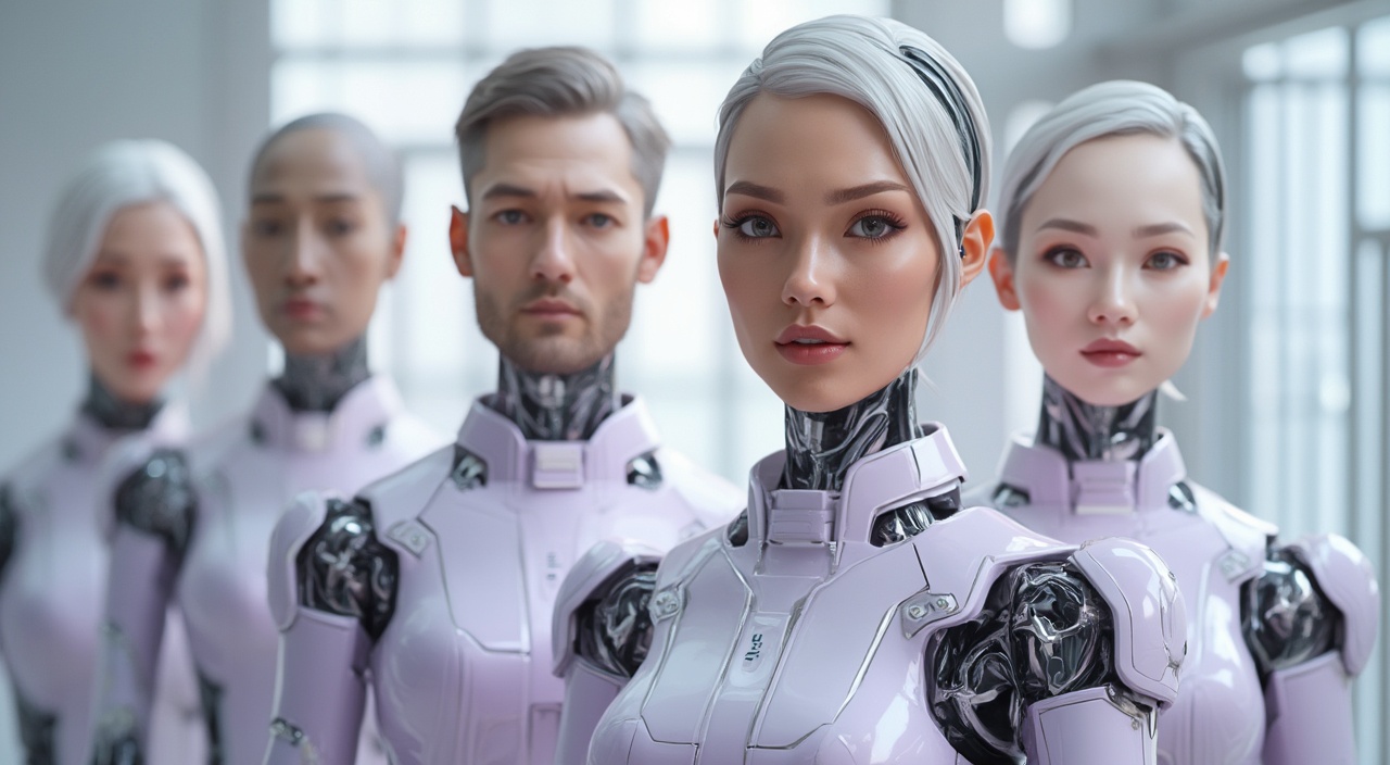 AI generated image by FLUX-Realism-Lora: A photorealistic image of a professional team of humanoid robots with human heads, designed for a futuristic and approachable “Contact Us” section of a website. Each humanoid has a unique human head, ensuring diversity with men and women of different ages and ethnicities. The faces are highly detailed, with natural skin textures, expressive eyes, and visible hair that seamlessly integrates with their robotic forms.

They are standing in a group formation, positioned slightly behind each other, creating a professional and dynamic team structure. Their android bodies have a sleek, modern design, with smooth metallic plating and subtle technological elements.

The team members are dressed in elegant, lightly purple uniforms, blending futuristic fashion with professionalism. The uniforms have subtle metallic accents, high-tech seams, and an ergonomic fit, symbolizing trust, innovation, and assistance.

The background is bright and modern, with a clean, minimalistic aesthetic and soft lighting. It may include elements like a futuristic office, digital holograms, or a clean white tech-space, ensuring the team looks inviting, high-tech, and ready to assist.

The composition conveys warmth, intelligence, and professionalism, making the team feel both highly advanced and approachable. Each humanoid team member has a unique expression, looking directly at the viewer as if they are ready to help. The image should be ultra-realistic, with sharp details, lifelike facial textures, and high-tech aesthetics, ensuring a premium and futuristic corporate identity