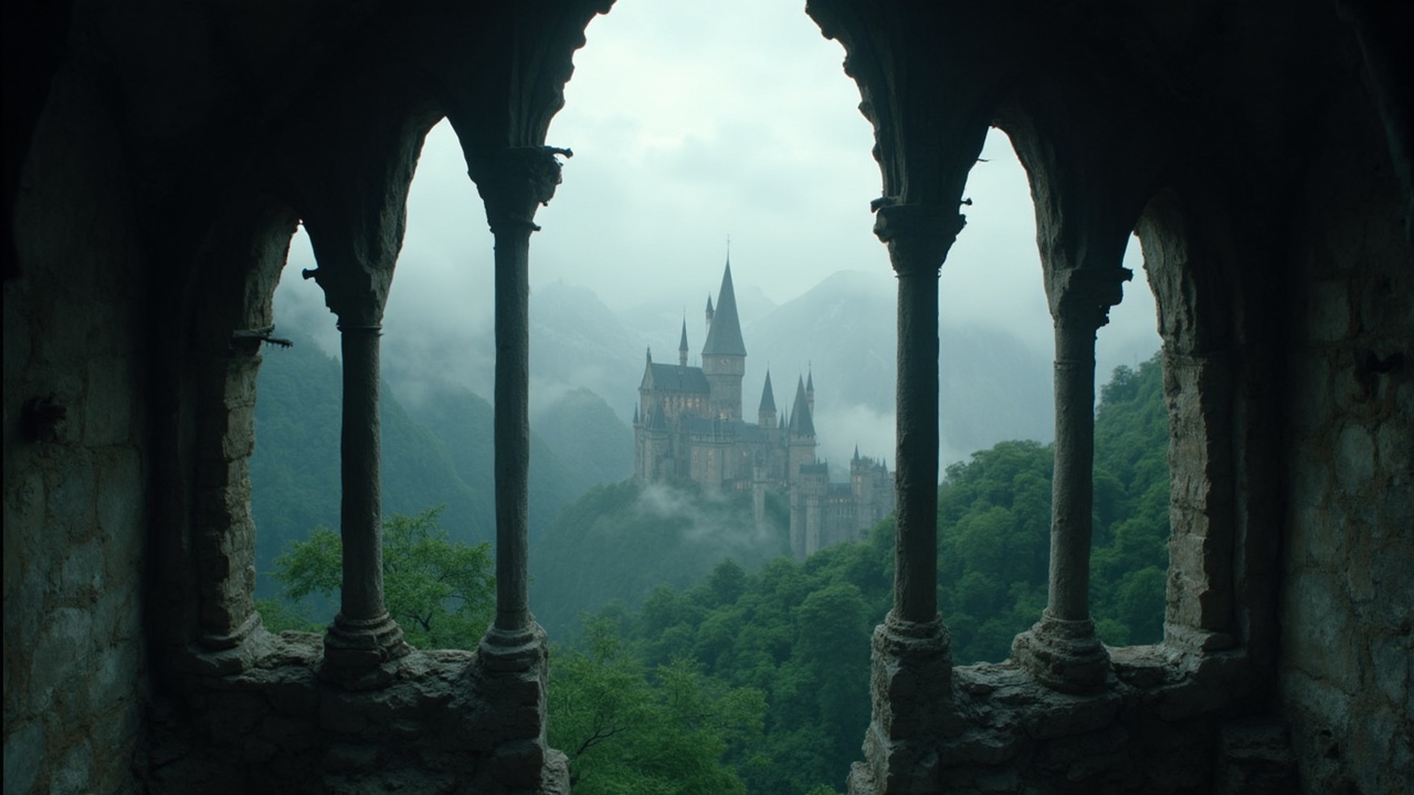 AI generated image by FLUX-Realism-Lora: A cinematic, realistic view through ancient gothic stone windows with pointed arches, showing the landscape of Hogwarts from the Harry Potter films. Misty mountains, dense green forest, and the majestic Hogwarts castle in the distance shrouded in fog. Moody lighting, overcast sky, film-like composition, ultra-detailed, high contrast, volumetric light rays filtering through the mist, medieval architecture framing the scene.