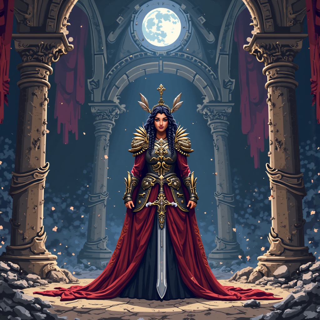 AI generated image by FLUX.1: "A breathtaking, pixelated princess stands boldly at the center of the scene, framed by the crumbling arches of an ancient throne room bathed in moonlight. She is draped in a flowing, deep crimson cloak embroidered with golden sigils — regal yet weathered. Her armor gleams with soft light, nicked and scarred from battle, and a ceremonial sword rests calmly across her back. Her piercing eyes stare directly ahead with unwavering resolve, framed by windswept hair braided with feathers, bones, and silver thread — the markings of a warrior queen who writes her own legacy.

She is not a damsel — she is destiny in motion. Behind her, torn banners ripple in the wind; faint stars shimmer through shattered stained-glass windows. The room hums with dormant magic and revolution.

The entire scene is rendered in nostalgic, 16-bit pixel art, complete with grainy CRT-style textures, visible scan lines, and soft pixel bloom around torchlight and magical highlights in her eyes. This image feels pulled from the title screen of a long-lost SNES-era RPG — one where she is the first and only name in the prophecy. Commanding. Timeless. Unforgettable."