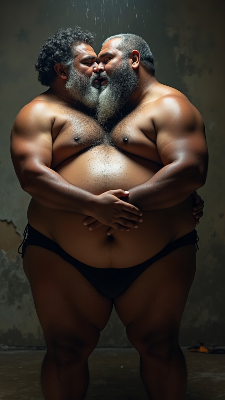 AI generated image by FLUX.1: Danny who is a big pot bellied, obese, dark skinned, hairy, grey haired, lustful, macho, matured hairy dark Tamil alpha male math teacher with thick eyebrows, full plump lips, thick beard and very big beefy and muscular chests is holding Tommy, a stocky student. Danny and Tommy are having a secret affair after class. Both Danny and Tommy are completely naked without clothes on and wet all over. Tommy is caressing Danny's masculine, hairy, big, fat, dark skinned pot round belly with a big belly button. Danny's dark skinned big hairy belly has a big round belly button that is deep. Danny also has fat beefy thighs and big feet. Danny is hugging Tommy very close with both his big strong arms and is spitting a lot of wet strands of saliva with in Tommy's wide open mouth who is sticking his tongue out for Danny. The saliva runs down all over Danny's beard, his big hairy belly, thick thighs and his thick feet. Danny has a thick, erect penis with  low hanging scrotum which is drenched in saliva.