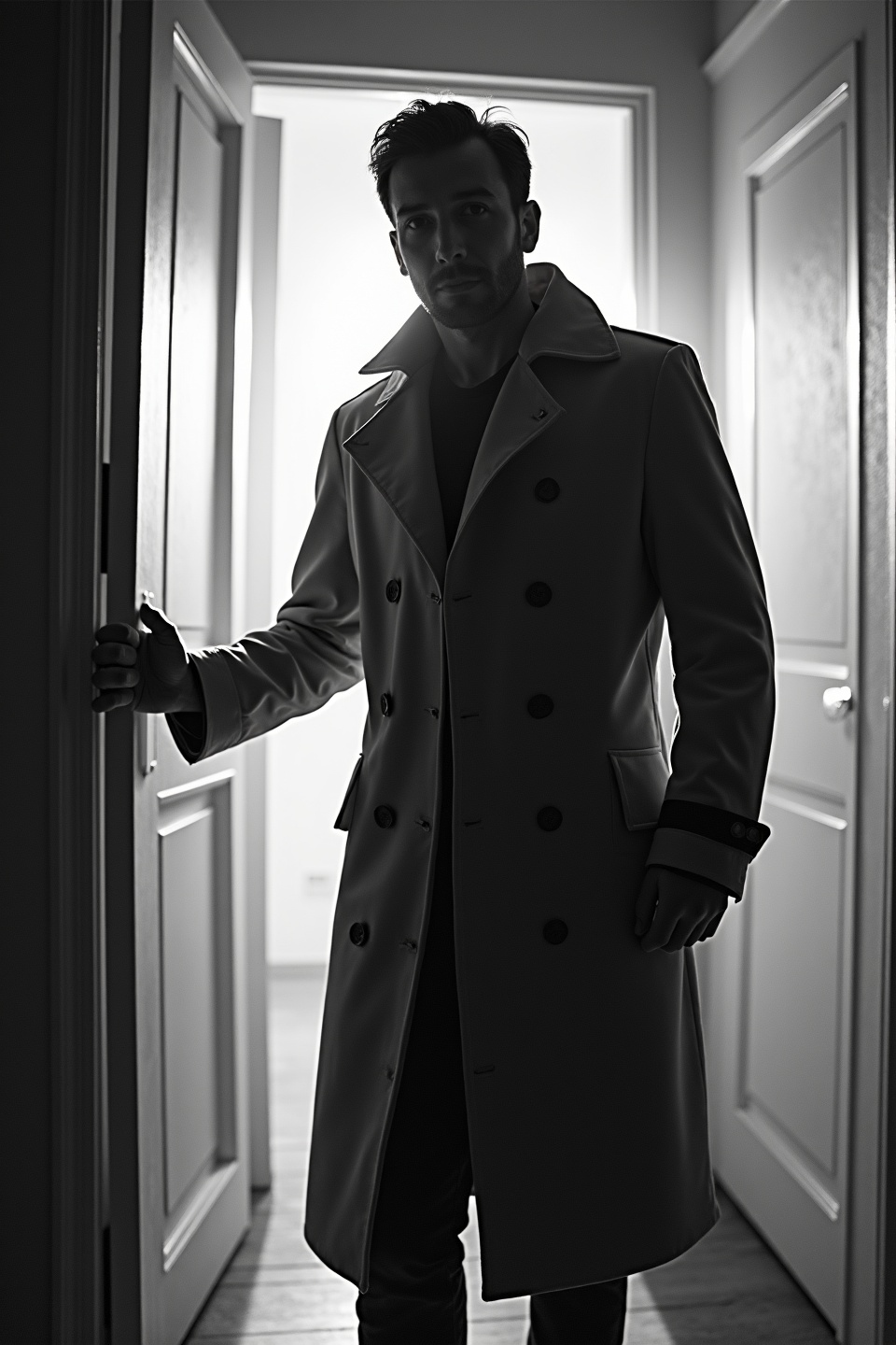 AI generated image by FLUX.1-image-to-image: black-and-white photo with the backlit dark silhouette of a handsome broad-shouldered man in a trench coat standing in a doorway coming and looking to camera. 
The man holding the door, as if he just entered the room. God rays. Backlight 