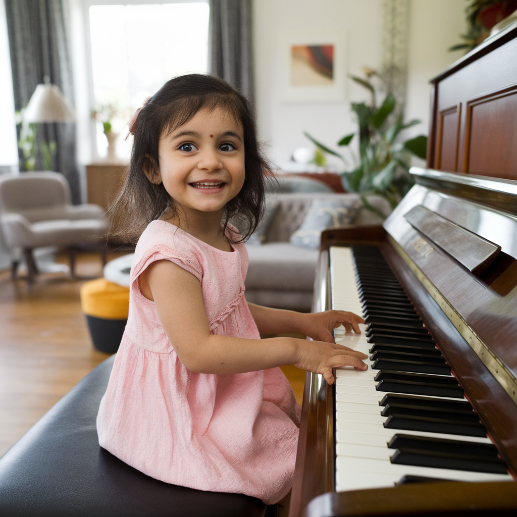 AI generated image by ideogram 2.0: The scene is in a middle class Metropolitan city home drawing room in India with a happy young girl with Indian features playing the 8 Octave Piano sitting upright on a Piano bench.