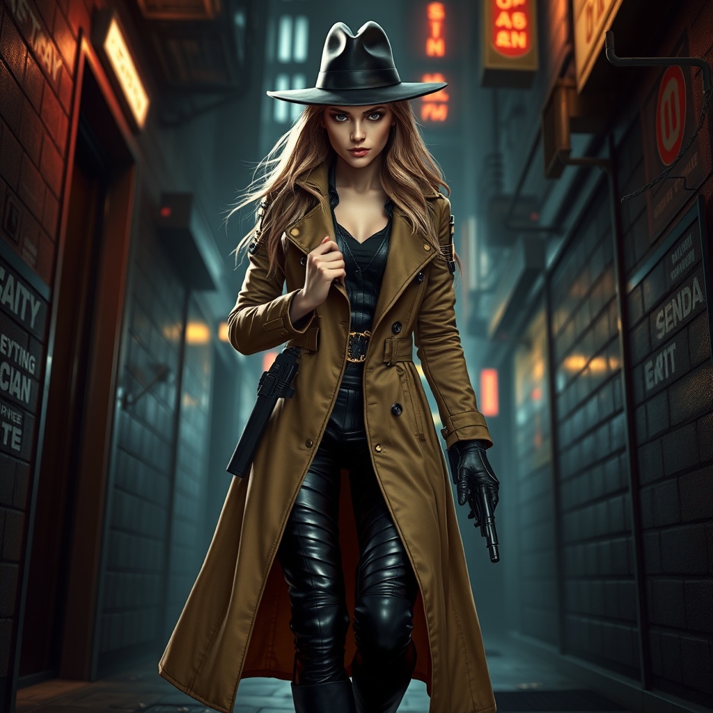 AI generated image by FLUX.1-schnell:       Create a futuristic female detective in the classic noir film style, with long blonde hair, leather pants and boots, armored shirt, tan, fedora and trenchcoat, gold circuitry, along the lapels, and the seams of the coat, futuristic, cyberpunk, realistic, photorealistic, holding a weapon and stalking a criminal in a dark alley in a cyberpunk city