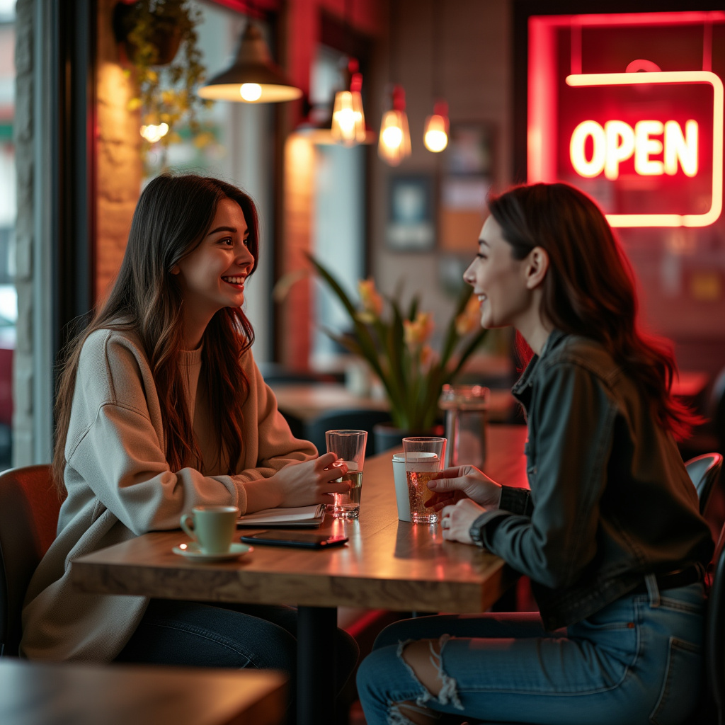 AI generated image by FLUX.1-pro: a hyperrealistic 4k ultra-realistic photo of a pretty young woman talking with another woman in a nice cafe with an open neon sign in the door well-lighted in a modern concept, cinematic style
