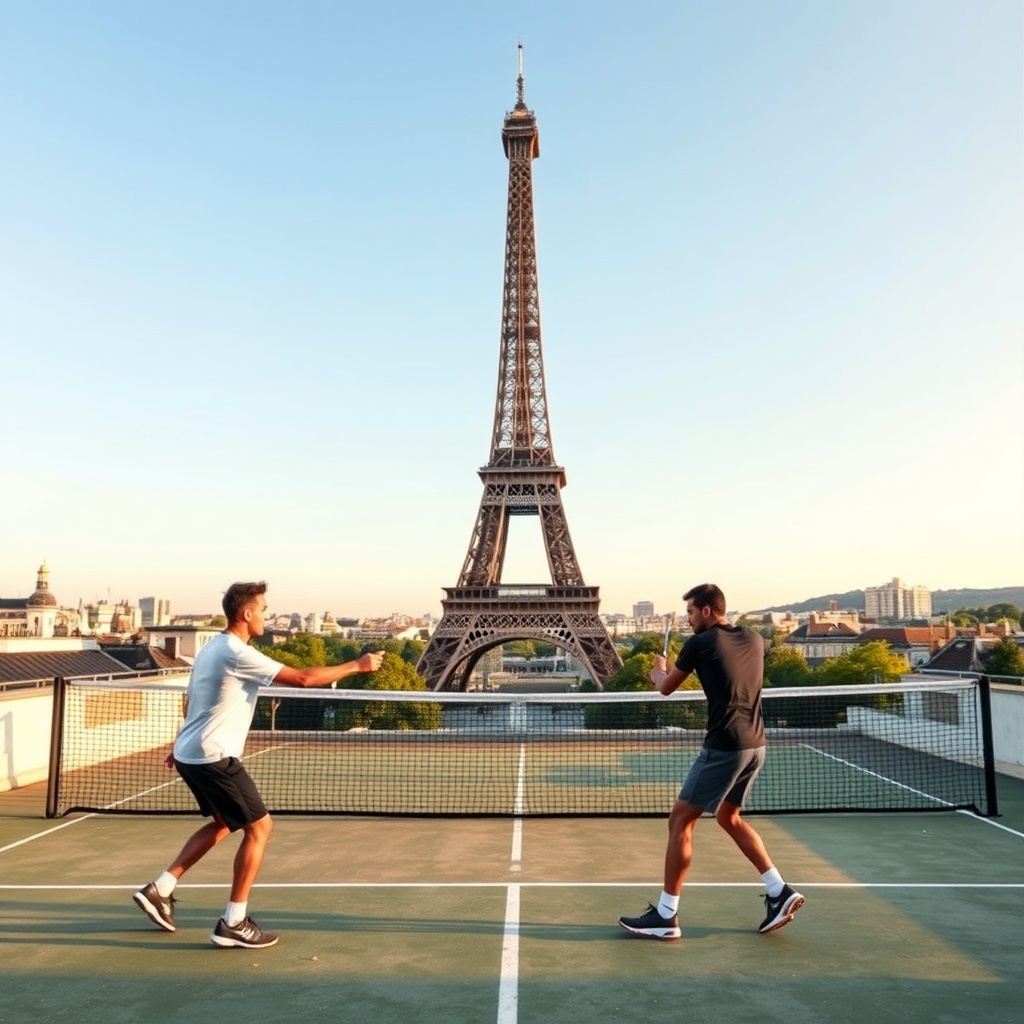 AI generated image by FLUX.1-schnell: Exactly 2 men (no one else there, except them) playing tennis. One is on 1 side of the tennis net and the other, on the other side of the net,

Location: A large, private rooftop terrace or a temporary platform built on the Champ de Mars (the lawn beneath the Eiffel Tower) in Paris, France.

The View: The court would be framed by the timeless architecture of the city, with the Eiffel Tower looming majestically over the net. Imagine playing a match as the sun sets and the Tower begins to sparkle.