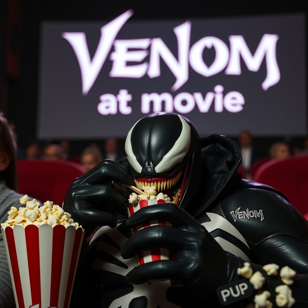 AI generated image by FLUX.1-schnell: Venom at cinema eating pop corn, with text " Venom at movie" 